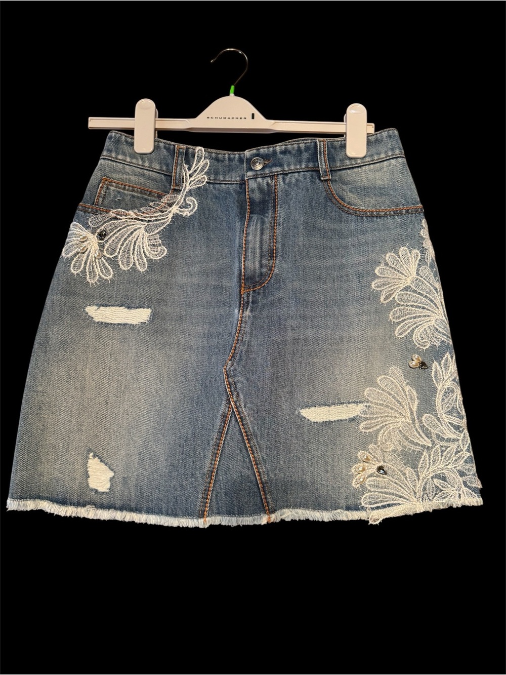 Ermanno Scervino Blue Denim Mini Skirt with White Floral Embroidery
